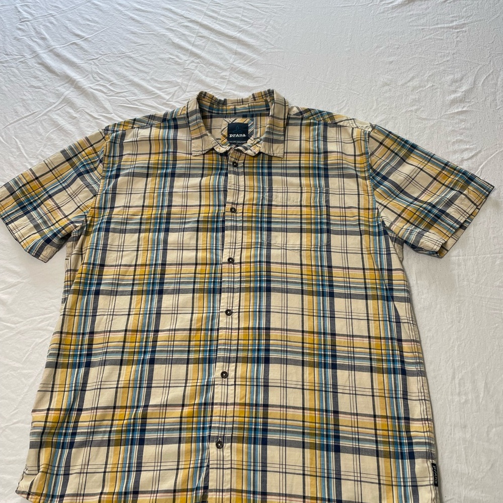 Prana Yellow and Blue Casual Button Down Shirt